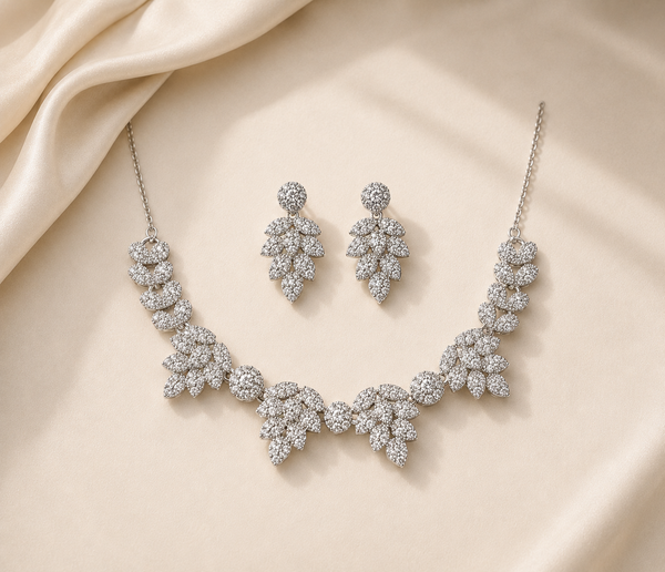 Celeste Leaf Crystal Necklace & Earrings Set – Silver
